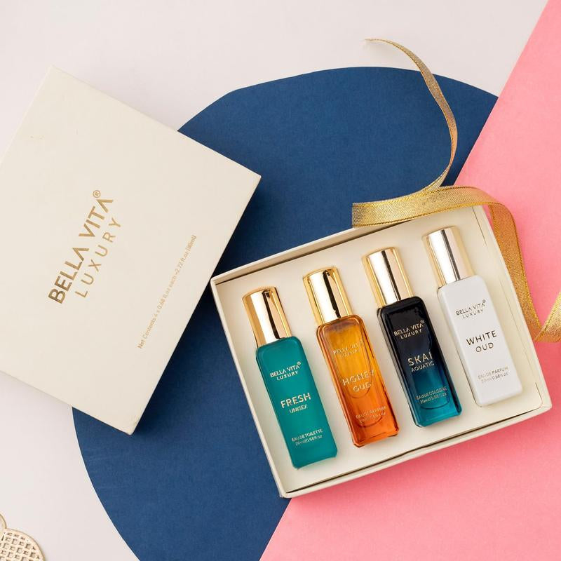 Bella Vita Luxury'S Unisex Perfume Gift Set | 4X20 ML for Men & Women | Long Lasting Fragrance Eau De Parfum | SKAI | FRESH | WHITEOUD | HONEY OUD Portableperfumekit