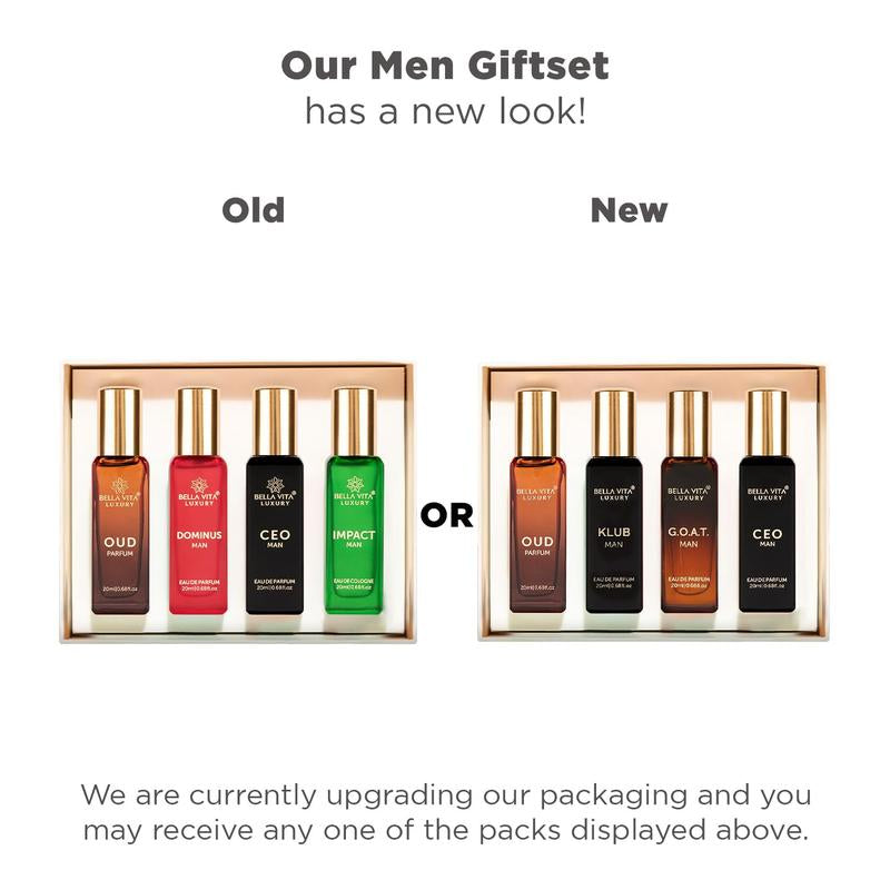 Bellavita Luxury'S Perfume Gift Set for Men | 4 Luxury Minis | Long Lasting | Oud, CEO Man, Klub Man, G.O.A.T.| Eau De Parfum | Portable Perfume Kit