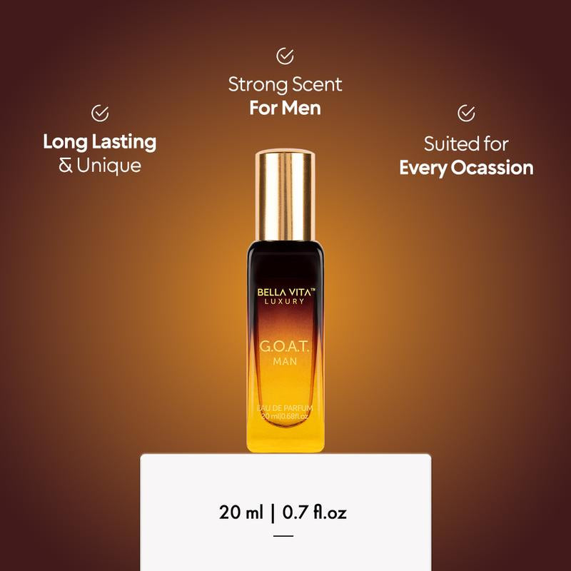 Bellavita Luxury'S G.O.A.T. Man - 20 Ml | EDP | Mini Perfume | Bergamot, Amber & Vetiver | Woody & Musky | Long Lasting | Cruelty Free - 0.7 Fl.Oz.