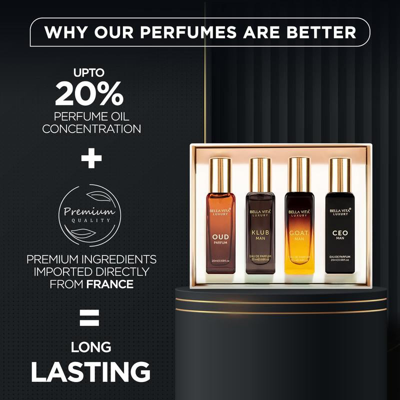 Bellavita Luxury'S Perfume Gift Set for Men | 4 Luxury Minis | Long Lasting | Oud, CEO Man, Klub Man, G.O.A.T.| Eau De Parfum | Portable Perfume Kit