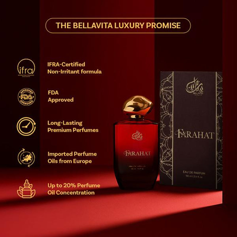 Bella Vita Luxury FARAHAT Unisex Fragrance | EDP Perfume for Men and Women | Amber Top Note | 100 Ml Pack | 3.4 Fl. Oz. | Woody and Amber Notes | Gift for Men and Women | Eau De Parfum