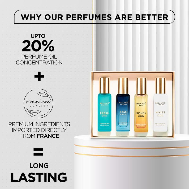 Bella Vita Luxury'S Unisex Perfume Gift Set | 4X20 ML for Men & Women | Long Lasting Fragrance Eau De Parfum | SKAI | FRESH | WHITEOUD | HONEY OUD Portableperfumekit